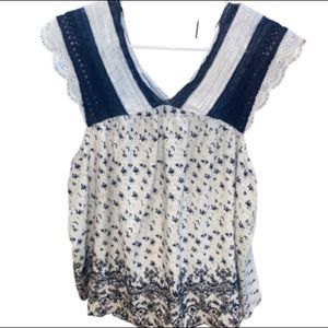 LUCKY BRAND  Crochet Ruffle Trim V Neck Tank Gray and Navy Cottage Core Size 1X